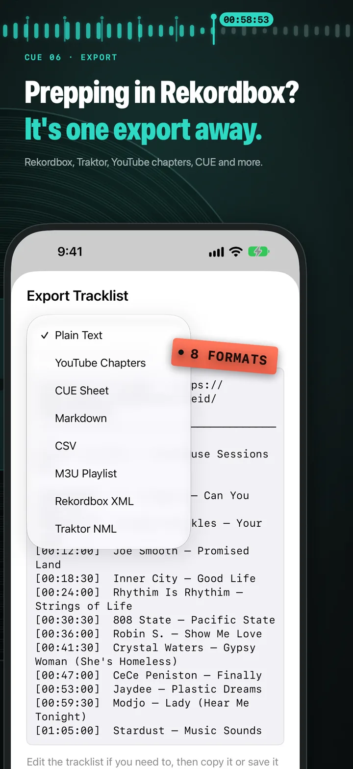 Export formats including Rekordbox, Traktor, YouTube chapters and CUE